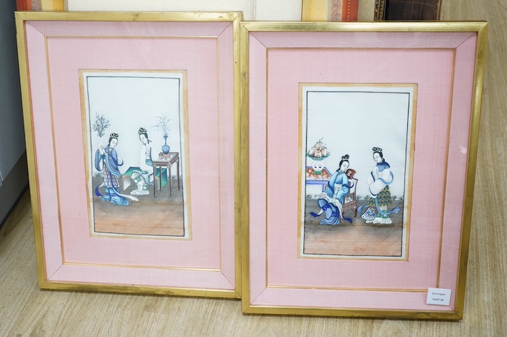 Chinese School, pair of pith paper paintings, Figures in interiors, 30 x 17cm. Condition - fair